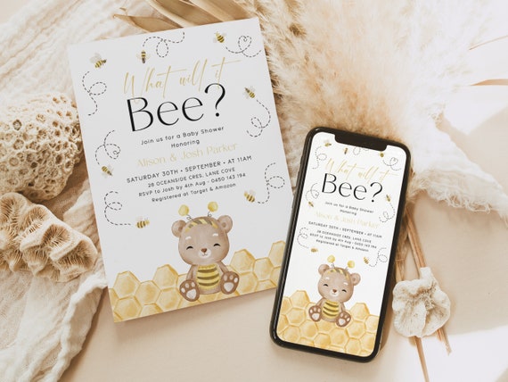 Editable What will Baby Bee Invitation. Coed Gender Reveal/Baby Shower Invites. Digital Download Baby Sprinkle Honey Bee Couples Evite. J1