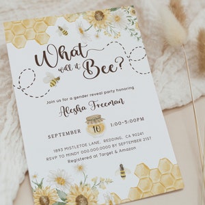 What Will it Bee Gender Reveal Invitations. Bumble Bee Gender Reveal Theme. Honey Bee Party Supplies. Printable Baby Gender Reveal Ideas. B1