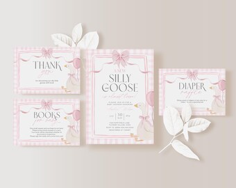 Silly Goose Baby Shower Invitation Bundle Girls Pink Bow Gingham Mother Goose On The Loose Invite Printable Coquette Party Canva Template O2