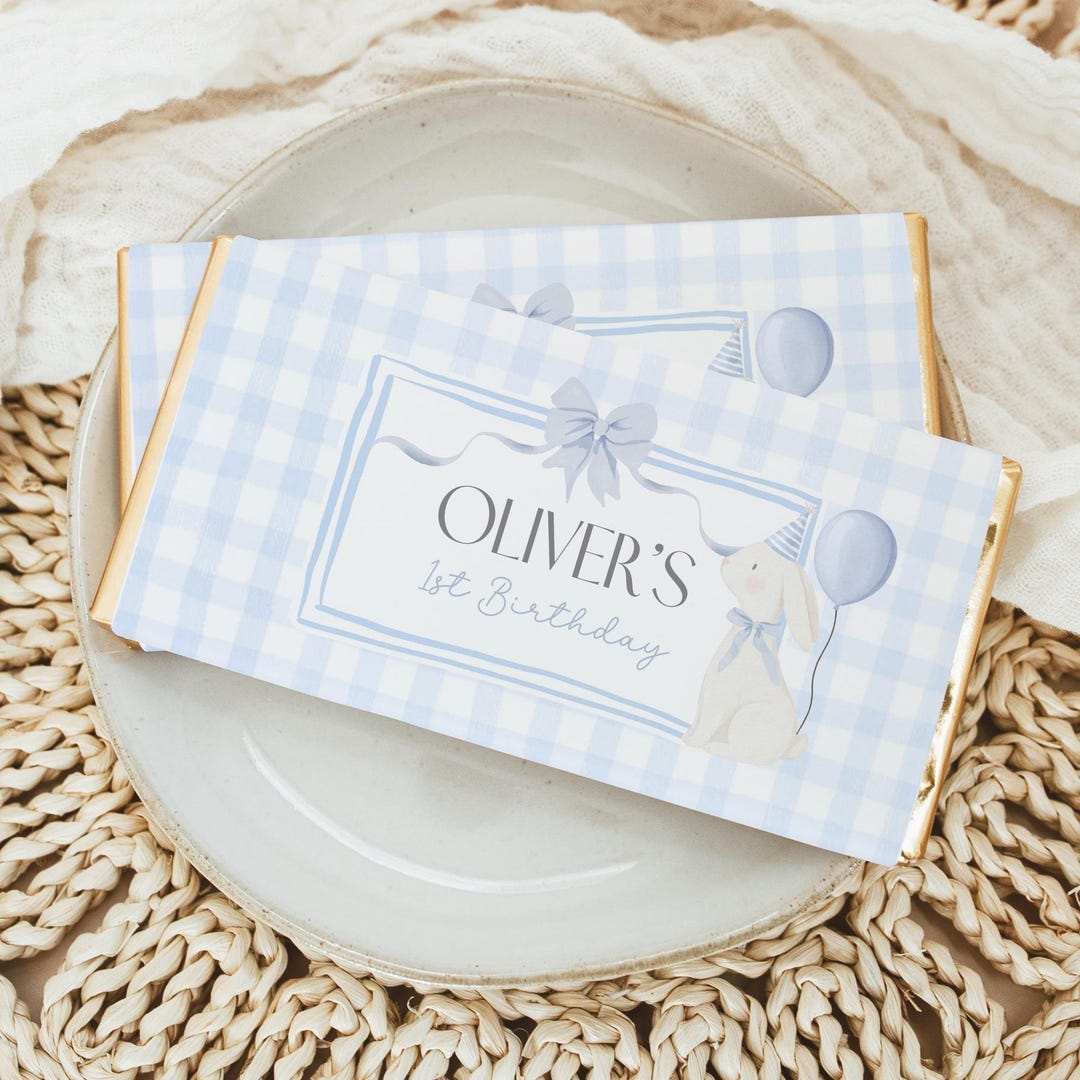 Some Bunny Party Favors Printable Blue Bow Gingham Chocolate Wrapper ...