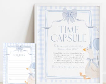 One Silly Goose Time Capsule Sign Editable Boy 1st Birthday Little Goose Game Card Pastel Blue Bow Party Printable Digital Canva Template G9