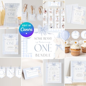 Some Bunny Is One Birthday Bundle Editable Blue Bow Rabbit Party Set Boy Coquette Gingham Decor Printable 1 Year Old Baby Digital Package A3