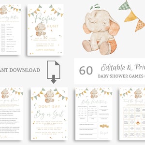 Elephant Baby Shower Games. Boho Baby Shower Bundle Bingo Printable Cards. Virtual Editable Digital Games. Printable Boy Activities. E2