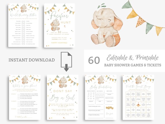 Elephant Baby Shower Games. Boho Baby Shower Bundle Bingo Printable Cards. Virtual Editable Digital Games. Printable Boy Activities. E2