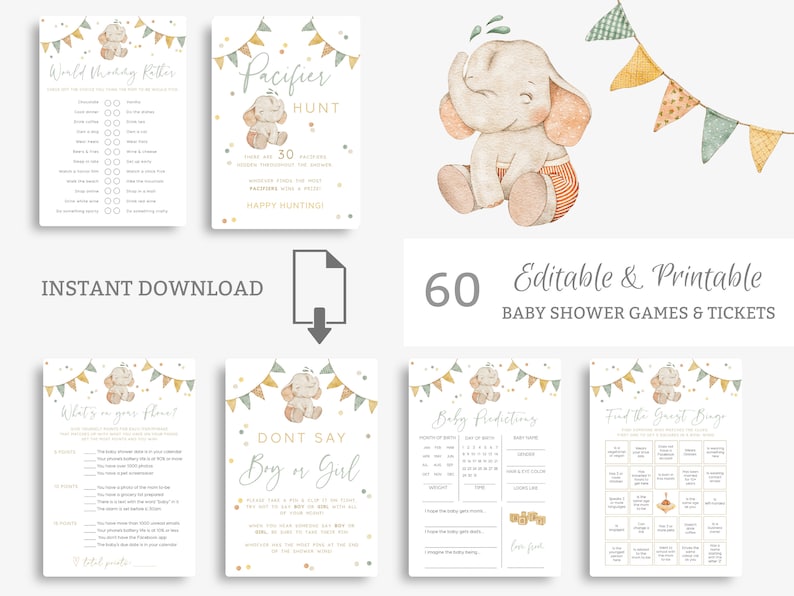 Op de afbeelding: Een set van 60 printbare babyshower-spellen en -kaartjes met een schattige olifant-illustratie. De spellen omvatten "World Guessing Ritter", "Pacifier Hunt", "What's on your phone", "Don't Say Boy or Girl", "Baby Predicting" en "Find the Guest Bingo".