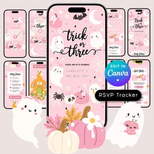May include: A digital invitation set for a third birthday party featuring a pink theme with illustrations of ghosts, pumpkins, spiders, and spiderwebs. The text reads Trick or three, Charlotte's 3rd boo-day, and includes party details.
