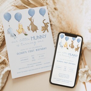 Vintage Winnie the Pooh Evite Birthday Invitations. Classic Pooh Bear Boy First Birthday Invite. Digital First Birthday Boy Phone Invite. B4