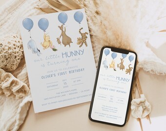 Vintage Winnie the Pooh Evite Birthday Invitations. Classic Pooh Bear Boy First Birthday Invite. Digital First Birthday Boy Phone Invite. B4
