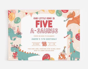 Dinosaur Birthday Invitation Five. Cute Dino 5th Party Invite. Printable Boy Modern Digital Download Kids Fifth 5 A-saurus Birthday Theme D4
