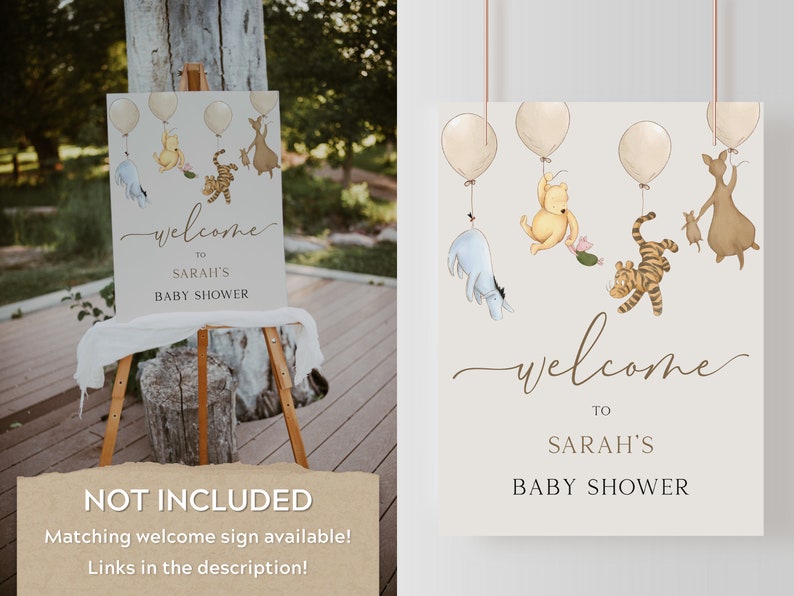 May include: A welcome sign for a baby shower with a Winnie the Pooh theme. The sign features Winnie the Pooh, Piglet, Tigger, and Eeyore characters with balloons. The text on the sign reads "Welcome to Sarah's Baby Shower".