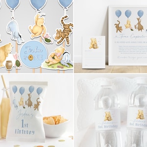 May include: A collection of Winnie the Pooh themed party decorations. Includes cake toppers, a framed time capsule, a bag of chips, and water bottles. The decorations feature illustrations of Pooh, Piglet, Tigger, and Eeyore with blue balloons.