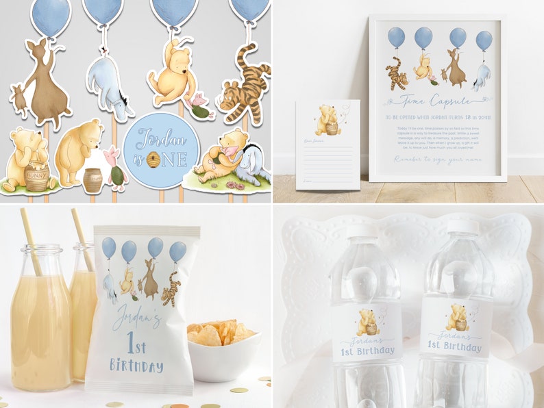May include: A collection of Winnie the Pooh themed party decorations. Includes cake toppers, a framed time capsule, a bag of chips, and water bottles. The decorations feature illustrations of Pooh, Piglet, Tigger, and Eeyore with blue balloons.