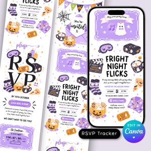 May include: A digital invitation template for a Fright Night Flicks event displayed on a smartphone screen. The design features purple and orange Halloween-themed illustrations including a ghost, pumpkin, pizza, socks, and movie projector.