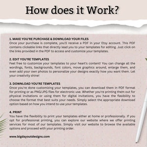 May include: A pink and white graphic with the text "How does it work?" and four numbered steps explaining how to purchase, edit, download, and print digital templates. The text includes the website address "www.bigdayoutdesigns.com".