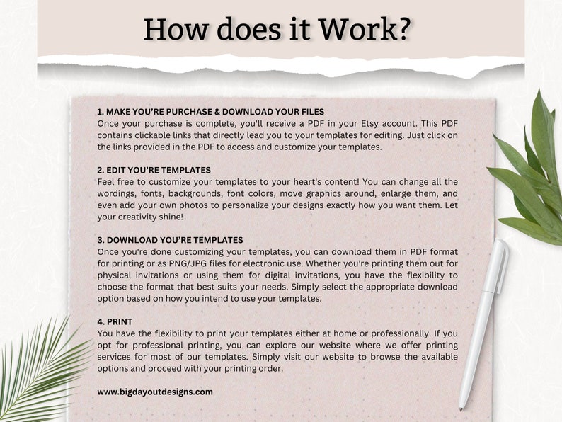 May include: A pink and white graphic with the text "How does it work?" and four numbered steps explaining how to purchase, edit, download, and print digital templates. The text includes the website address "www.bigdayoutdesigns.com".