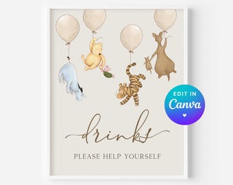 Winnie the Pooh Drinks Bar Sign. Classic Pooh 1st Birthday, Baby Shower, Gender Reveal Table Decorations. Winnie Balloons Party Signage. N1