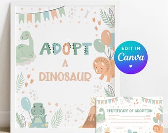 Adopteer een dinosaurus bord bewerkbare dino verjaardag adoptie certificaat tafel bord decor kinderen pastel dino party game afdrukbare canva sjabloon d2