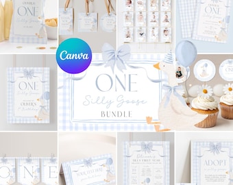 One Silly Goose Birthday Bundle Editable Blue Bow Goose Party Set Boys Coquette Gingham Decor Printable 1 Year Old Birthday Baby Package G9
