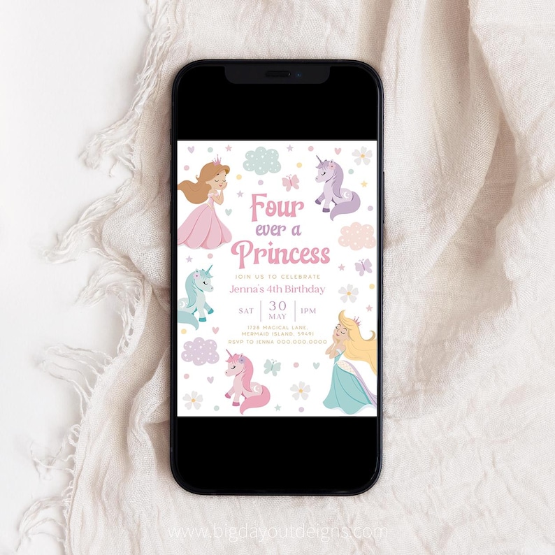 Forever a Princess & Unicorn 4th Birthday Invitation