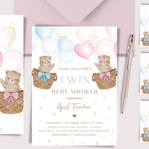 Twin Baby Shower Invitation. Teddy Bear Invite. Twins Boy and Girl Invitation Printable. Pink and Blue Digital Download Editable Template B8
