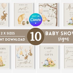 Classic Winnie the Pooh Baby Shower Decorations. Balloon Decor Sign Template Bundle. Boy Vintage Pooh Bear. Photo Guestbook Diaper Raffle N1