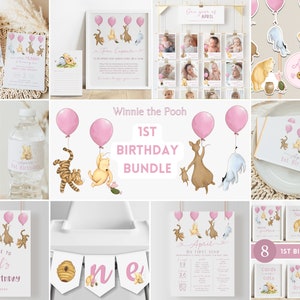 Classic Winnie the Pooh Girl 1st Birthday Bundle. Ideas for Girl First Birthday Decor Pooh Party Supplies Vintage Pooh Decoration Package B3