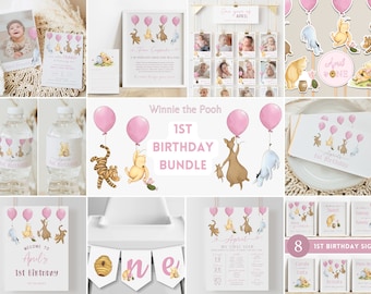 Classic Winnie the Pooh Girl 1st Birthday Bundle. Ideas for Girl First Birthday Decor Pooh Party Supplies Vintage Pooh Decoration Package B3