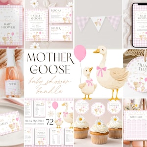 Silly Goose Baby Shower Bundle. Pink Gingham Goose Invitation, Fun Editable Games Set, Girl Party Decor, Digital Sign, Printable Template G6