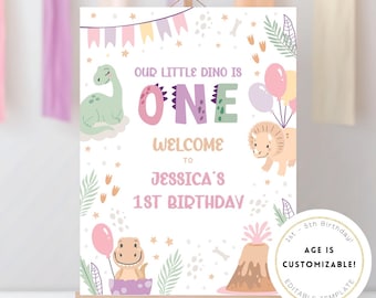 Girl Dinosaur Party Signs. Editable Birthday Welcome Sign. Cute Baby Dino Decorations. Printable Pastel Greenery DIY Kids Digital Sign. D3