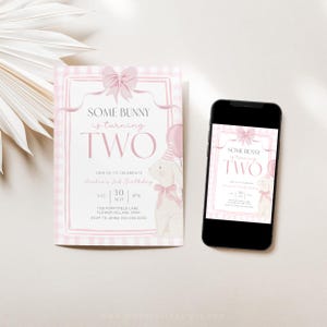 Some Bunny is Turning Two Invites Canva Editable Pink Coquette Invitation Girls 2nd Birthday Gingham Second Party Spring Rabbit Bow Theme