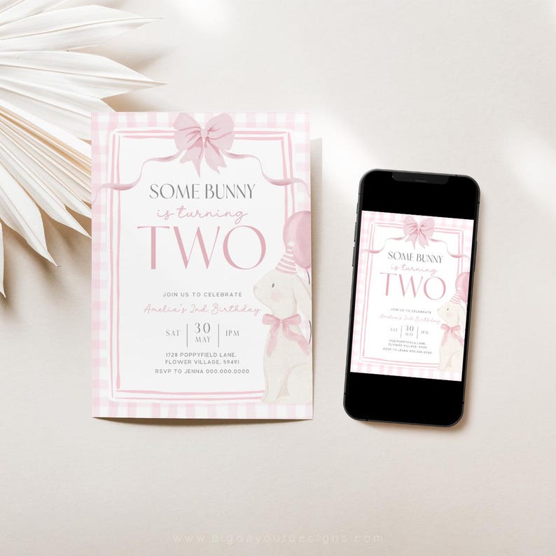 Some Bunny is Turning Two Invites Canva Editable Pink Coquette Invitation Girls 2nd Birthday Gingham Second Party Spring Rabbit Bow Theme