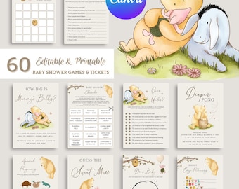 Winnie the Pooh Baby Shower Games Bundle. Classic Gender Neutral Bingo Printable Card Vintage Winnie Bear Digital Game. Girl Boy Activity N1