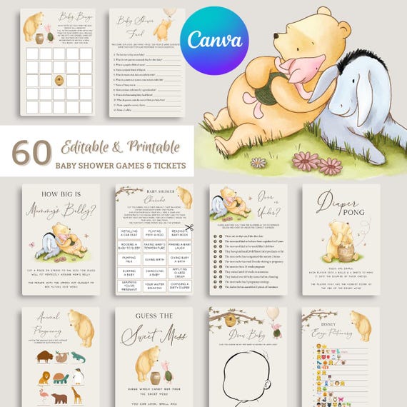 Winnie the Pooh Baby Shower Games Bundle. Classic Gender Neutral Bingo Printable Card Vintage Winnie Bear Digital Game. Girl Boy Activity N1