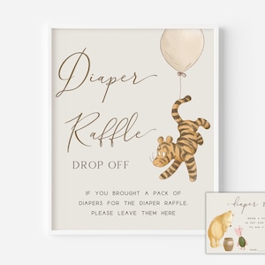 Diaper Raffle Ticket | Diaper Raffle Sign | Classic Winnie the Pooh Balloons Decoration | Vintage Baby Shower Signage Printable Template. N1