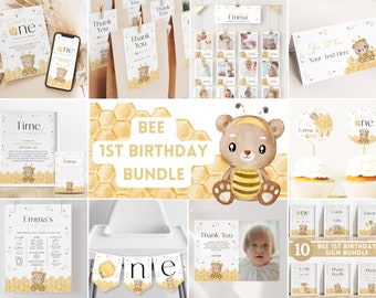 EDITABLE First Bee Birthday Bundle. Printable Gender Neutral Set. Girl Boy 1st Birthday Signs Invites Favors Board Banner Party Supplies. J5