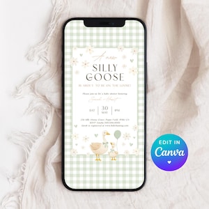 Goose Baby Shower Evite. Gender Neutral Gingham Silly Little Goose Mobile Invitation. Sage Green Mother Goose Electronic Digital Invite. G3