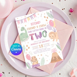 Dinosaur 2nd Birthday Invitations Girl. Cute Baby Dino Second Invite. Two Year Old Printable Pastel Pink Girl Modern Digital Kids Party. D3