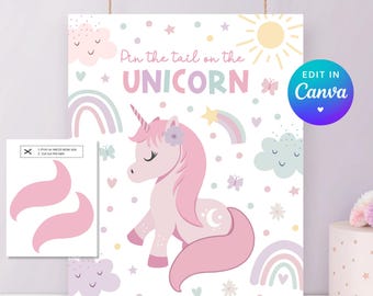 Speld de staart op de eenhoorn. Afdrukbaar verjaardagsspel. Direct downloaden. Leuke eenhoornfeestactiviteit. Magische pastelkleurige decoraties voor kinderen. Z4