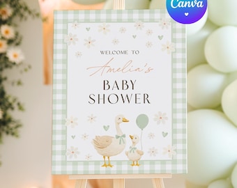 Mother Goose Baby Shower Welcome Sign. Sage Green Gender Neutral Gingham Goose Sign. Printable Little Goose On The Loose Theme Decoration G3