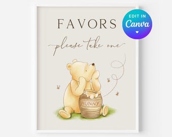Classic Winnie the Pooh Favors Sign. Baby Shower Decor. Vintage Winnie Gender Neutral Theme Printable Signage For Girl Or Boy Baby Shower N1