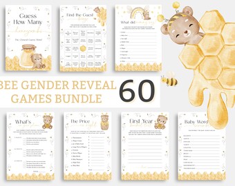 May include: A set of 60 printable baby shower games featuring a cute cartoon bee and honeycomb design. The games include "Guess How Many Honeycombs", "Find the Guest Bingo", "What did Mommy Say", "What's in Your Phone", "The Price is Right", "First Year Bucket List", and "Baby Word Scramble".