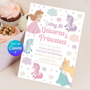 Joint Birthday Invitation Princess. Double Unicorn Princess Invite Digital. Sister Kids Party. Pastel Magical Rainbow Sibling Girl Theme.