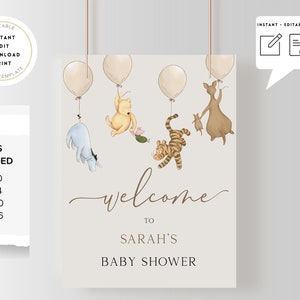 Op de afbeelding: Afdrukbaar welkomsbord voor een babyshower met Winnie de Poeh en andere bosdieren, met ballonnen en de tekst "Welkom op Sarah's babyshower".