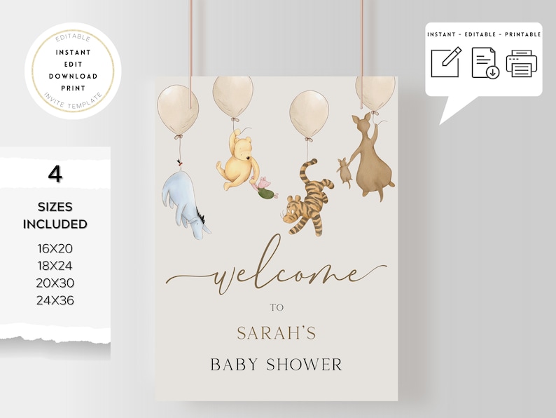 Op de afbeelding: Afdrukbaar welkomsbord voor een babyshower met Winnie de Poeh en andere bosdieren, met ballonnen en de tekst "Welkom op Sarah's babyshower".