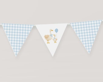 May include: A bunting banner with three triangular flags. The outer flags have a light blue and white gingham pattern. The central flag is white and features an illustration of a goose and a gosling, both wearing blue bows, with the gosling holding a blue balloon.