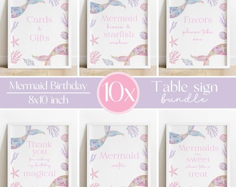 Mermaid Tail Sign Bundle. Pastel Mermaid Cards & Gifts Sign, Favor, Food, Drinks Sign. Printable Digital Table Decor Beach Birthday Party Z8