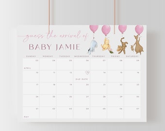 Vintage Winnie the Pooh Pregnancy Calendar. Classic Pooh Guess the Due Date Calendar. Girl Baby Shower Predictions Game. Decorations Girl G1