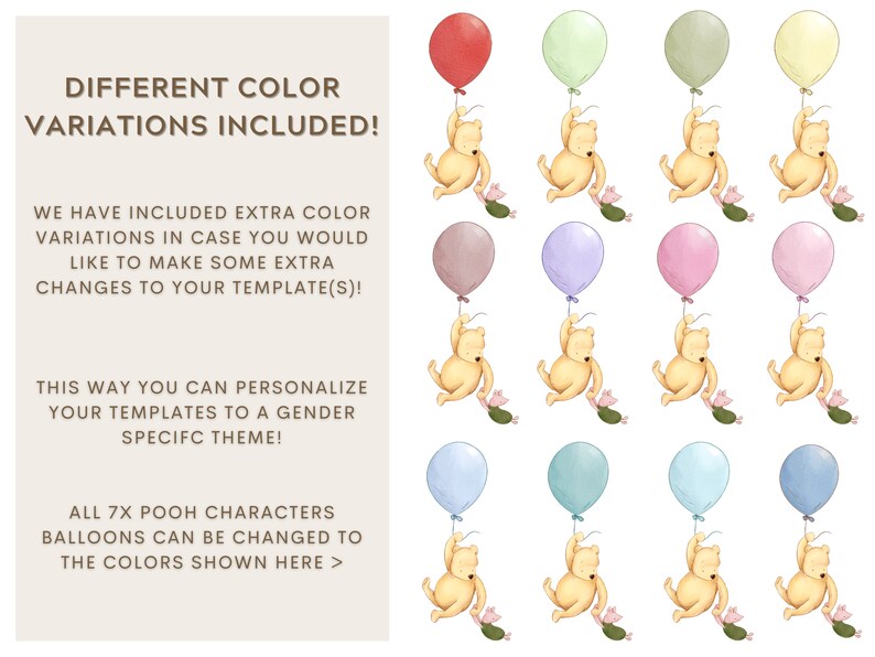 Peut inclure: Une illustration num&eacute;rique de sept personnages de Winnie l'ourson tenant des ballons de diff&eacute;rentes couleurs. Les ballons sont rouge, vert, vert clair, beige, marron, violet, rose, bleu clair et bleu. Les personnages portent tous la m&ecirc;me tenue, une chemise jaune et un short rouge. Le texte "DIFFERENTES VARIATIONS DE COULEURS INCLUSES !" est en haut de l'image. Le texte "NOUS AVONS INCLUS DES VARIATIONS DE COULEURS SUPPL&Eacute;MENTAIRES AU CAS O&Ugrave; VOUS SOUHAITERIEZ APPORTER DES MODIFICATIONS SUPPL&Eacute;MENTAIRES &Agrave; VOTRE MOD&Egrave;LE(S) !" est au milieu de l'image. Le texte "DE CETTE FA&Ccedil;ON, VOUS POUVEZ PERSONNALISER VOS MOD&Egrave;LES SELON UN TH&Egrave;ME SP&Eacute;CIFIQUE DE GENRE !" est au milieu de l'image. Le texte "TOUS LES 7X PERSONNAGES DE POOH LES BALLONS PEUVENT &Ecirc;TRE CHANG&Eacute;S AUX COULEURS MONTR&Eacute;ES ICI >" est en bas de l'image.