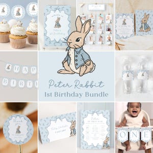 Peter Rabbit 1st Birthday Bundle. Some Bunny Is One Bundle. Editable Rustic Boy Easter Template. Printable Blue Bow Coquette First Party. R2