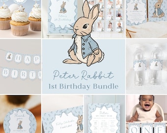 Peter Rabbit 1st Birthday Bundle. Some Bunny Is One Bundle. Editable Rustic Boy Easter Template. Printable Blue Bow Coquette First Party. R2